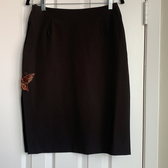 RK Chocolate Brown Stretch Skirt with Butterfly Appliqué Detail on Side Slit - Picture 2 of 8